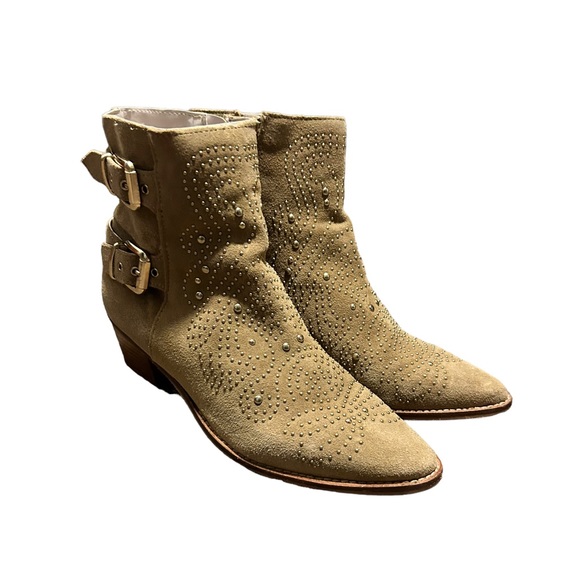 ZARA Tan Suede Gold Studded Point Toe Side Zip Double Buckle Bootie-Size 7.5 - Picture 7 of 16